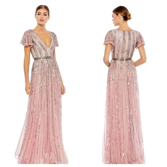 Mac Duggal Dresses & Skirts - Mac Duggal Stripe Lined Sequin V-Neck Gown Rose Pink Size 4 NWT